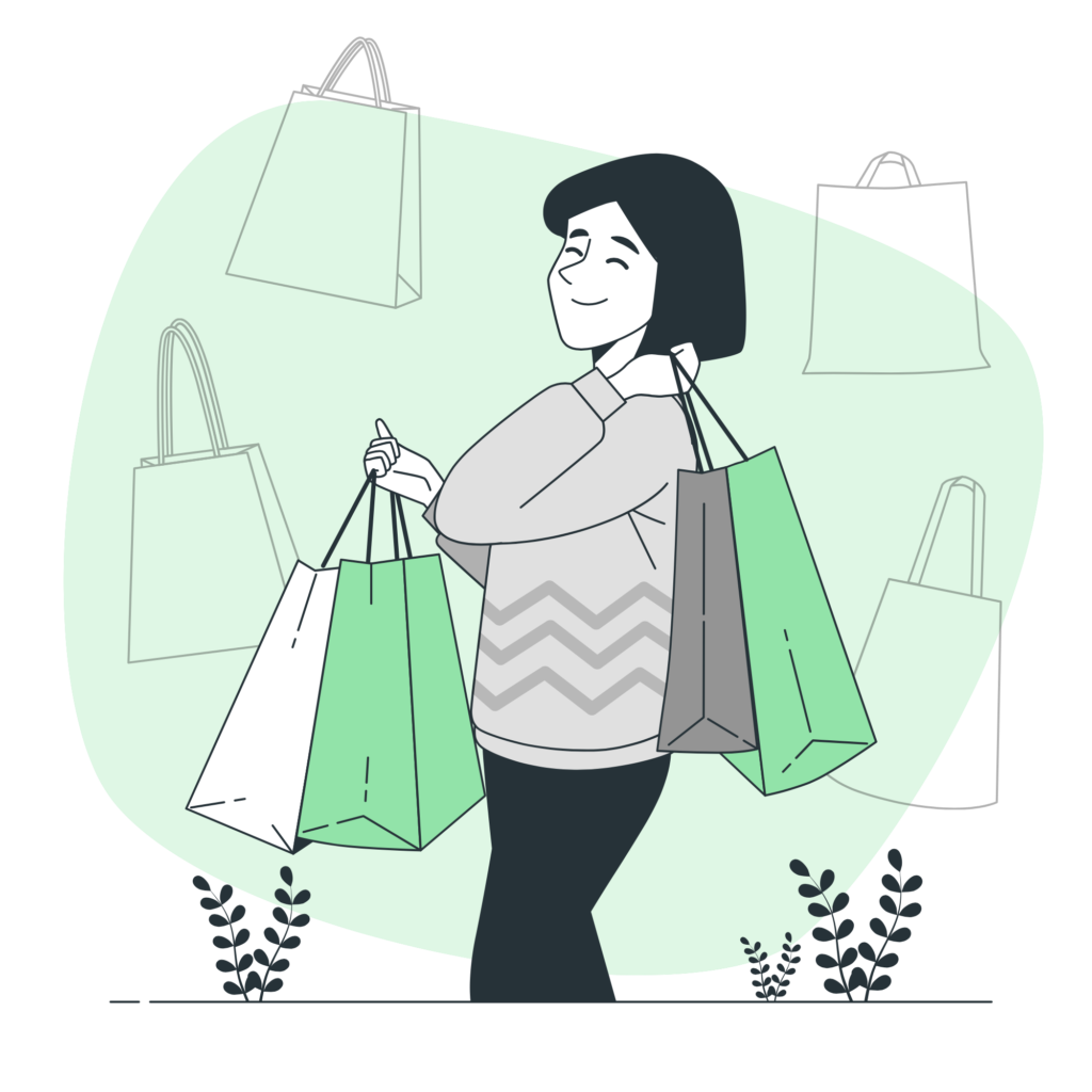 a character with short, dark hair, smiling contentedly with their eyes closed. They’re carrying multiple shopping bags on both arms, indicating they’ve been shopping. The character wears a sweater with a zigzag pattern and pants. The background is a muted green, adorned with lighter green outlines of shopping bags, creating a theme of retail and abundance. In the lower foreground, there are simple black plant silhouettes. The overall style is minimalistic with a limited color palette.